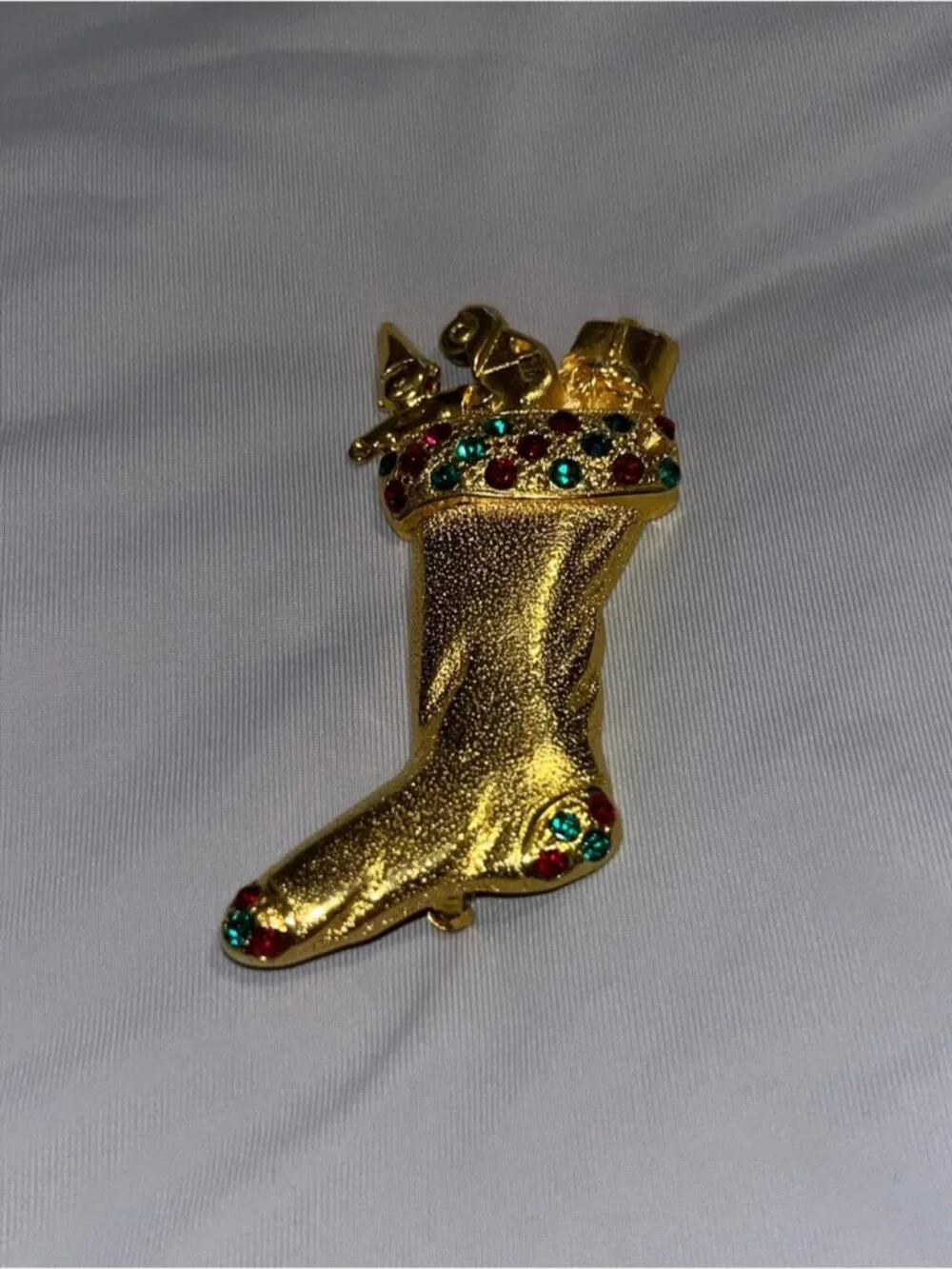 Vintage Gold Stocking Brooch with Red & Green Accents